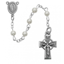 5MM PEARL ROSARY PEWTER CELTIC