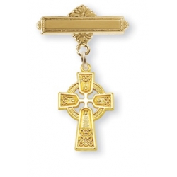 14KT Gold Over Sterling Silver Baby Celtic Cross on a 14KT Gold Plated Bar Pin