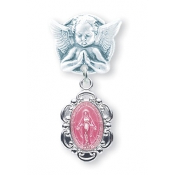 Praying Angel Pin with a Sterling Silver Small Pink Enameled Fancy Miraculous Medal 