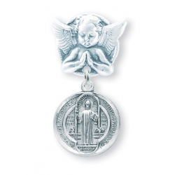 Praying Angel Pin with a Sterling Silver Saint Benedict Medal