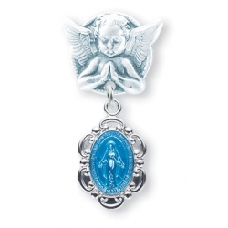 Praying Angel Pin with a Sterling Silver Blue Enameled Baby Miraculous Medal 