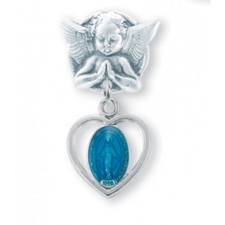 Praying Angel Pin with a Sterling Silver Blue Enameled Baby Miraculous Medal
