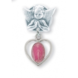 Praying Angel Pin with a Sterling Silver Pink Enameled Baby Miraculous Medal 