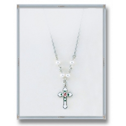 4mm White Swarovski Pearl Pendant with Sterling Silver Enameled Crucifix 18