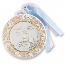 Italian Heart Shaped Wood Crib Medal 3.5" Guardian Angel/Baby Pink or Blue 